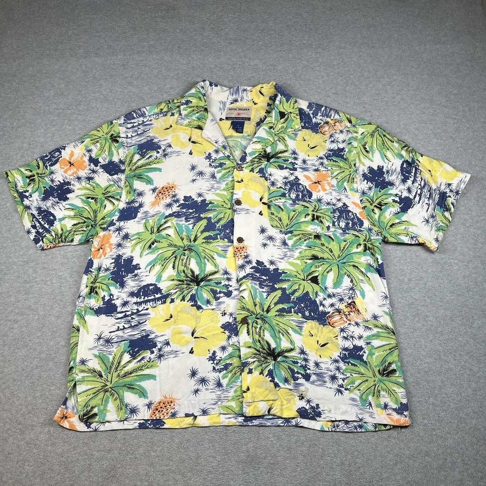 High Sierra Rayon Hawaiian Shirt Medium Green Yellow Tropical Palms Retro Style